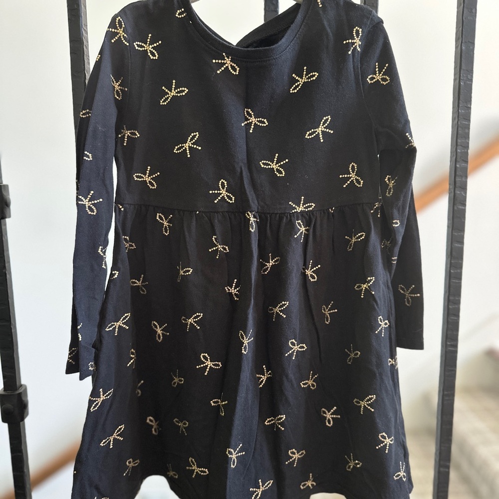 Old Navy Black Long-Sleeve Dress with Gold Bow Print